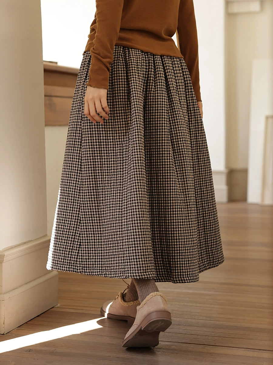 Women Autumn Retro Plaid A-Shape 100%Cotton Skirt