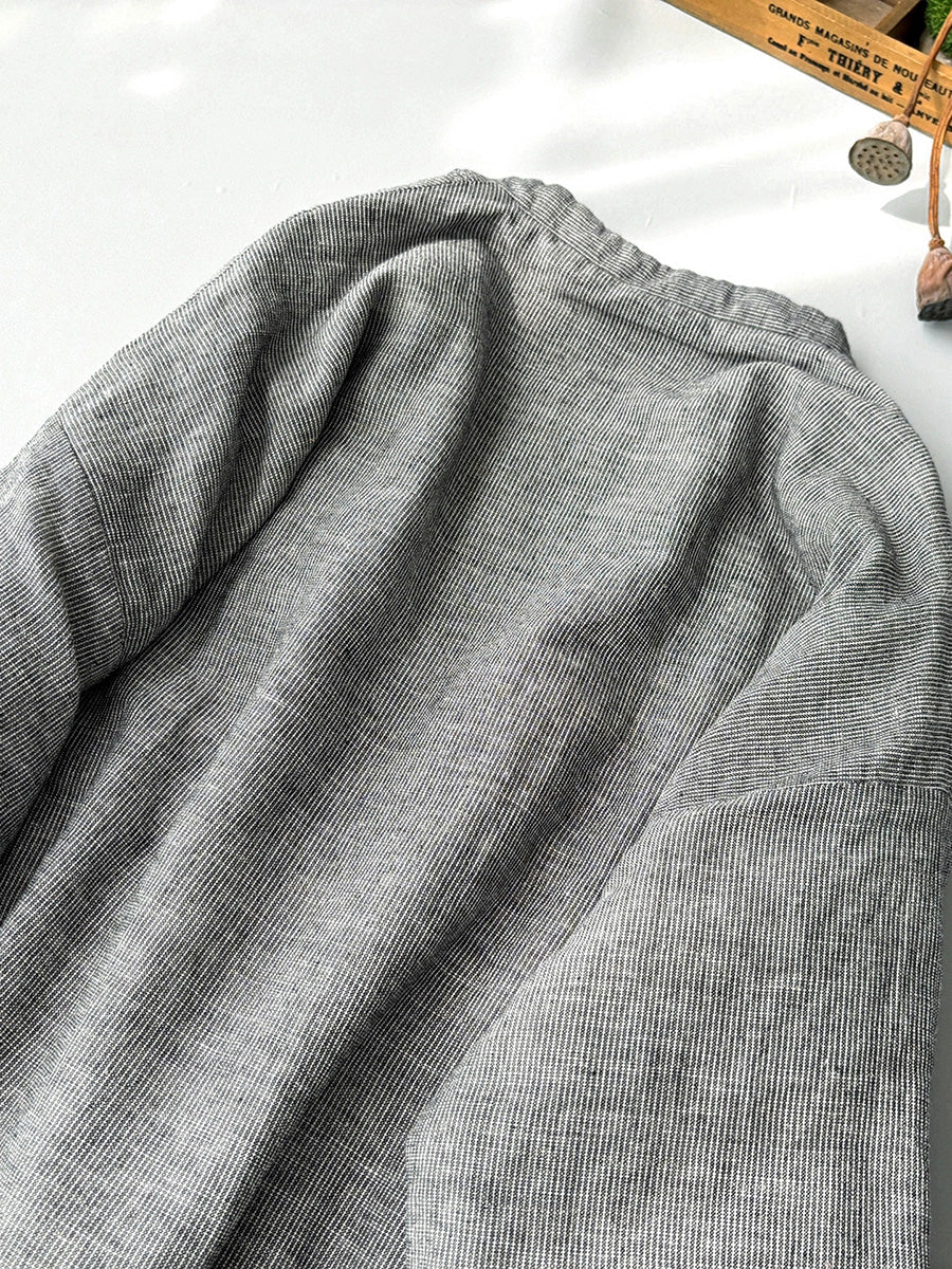 Women Retro Autumn Lattice O-Neck 100%Linen Padded Coat