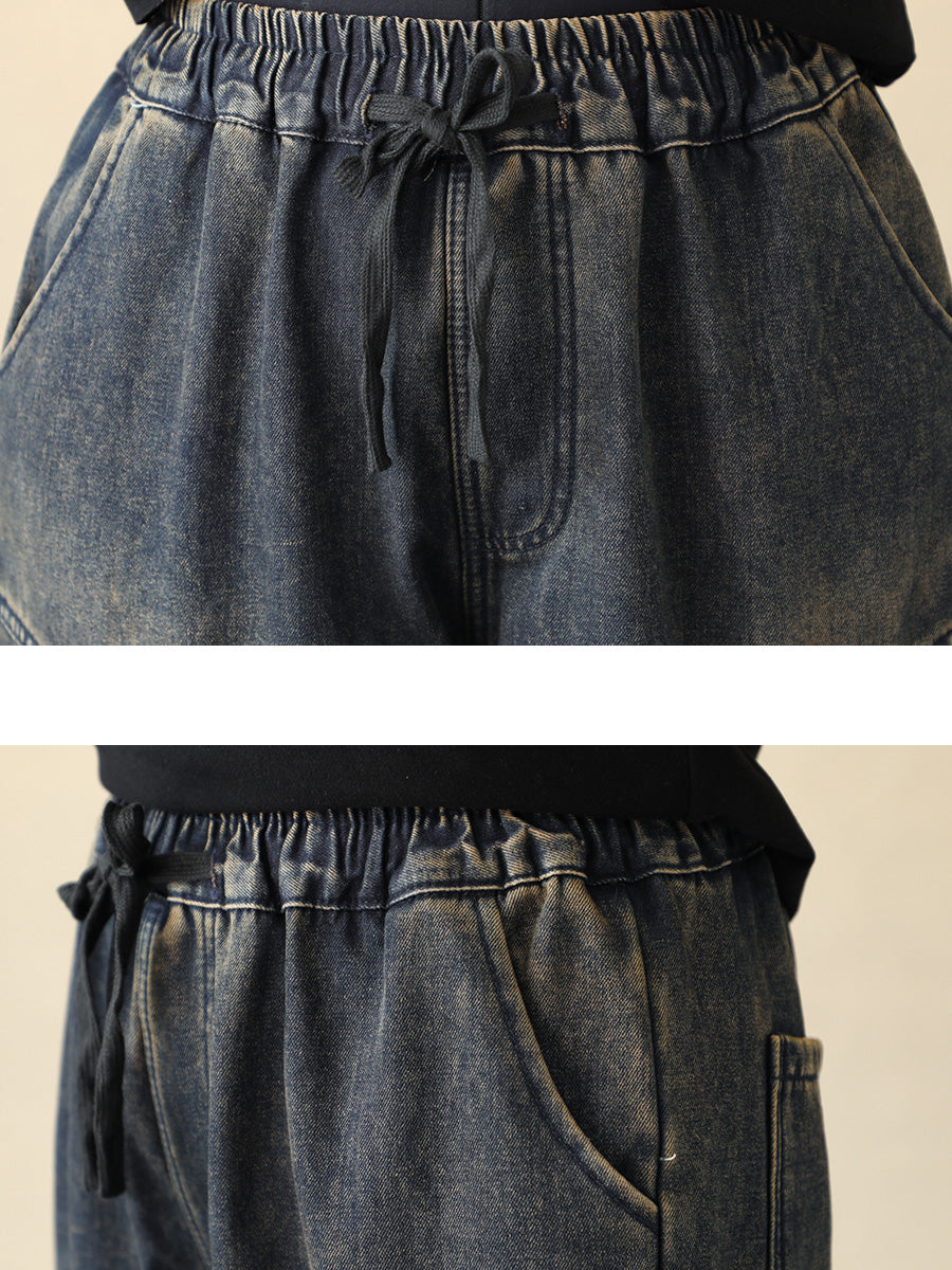 Women Winter Flower Embroidery Fleece-lined Harem Pants