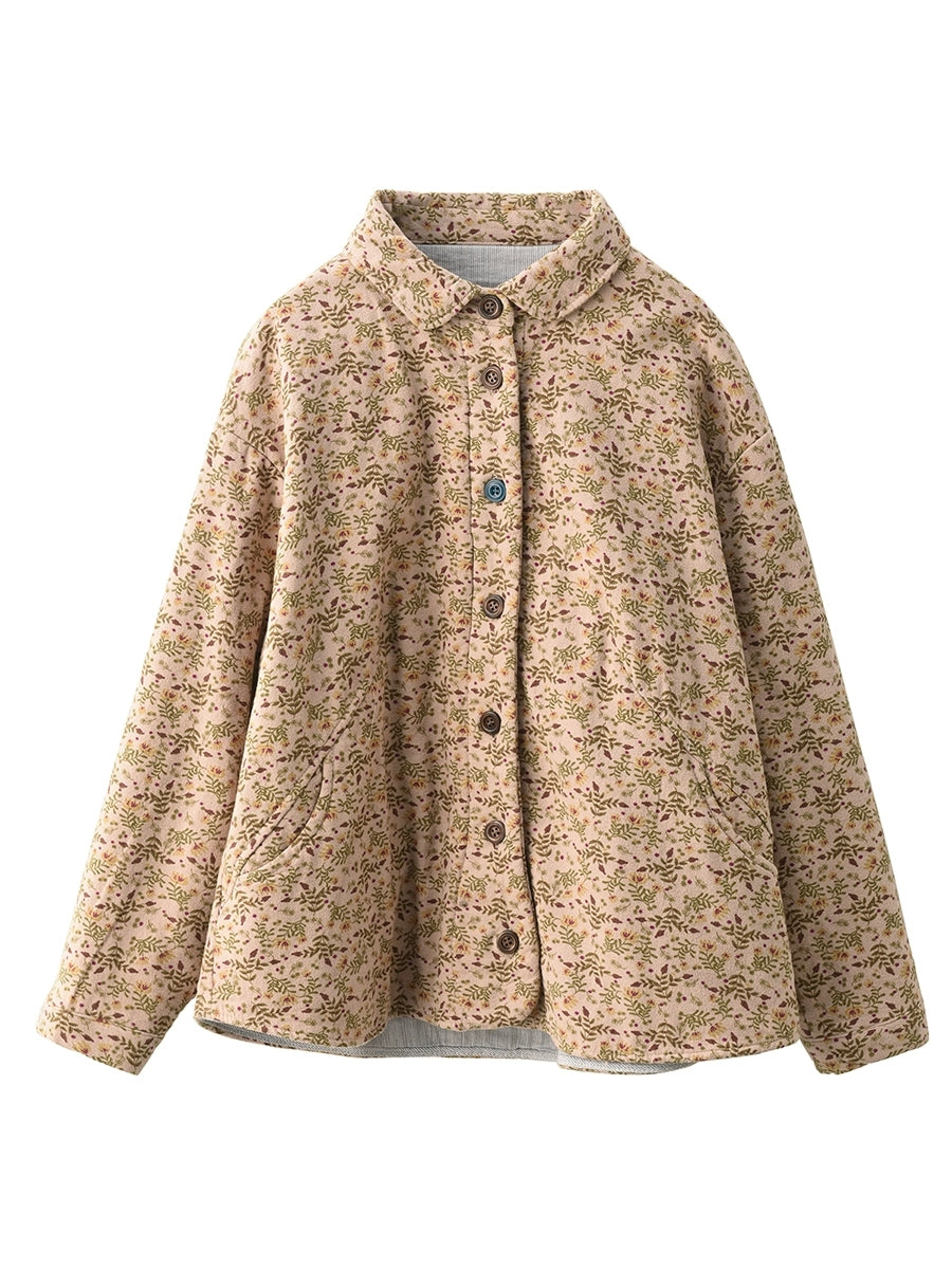 Women Winter Floral 100%Cotton Padded Shirt Coat