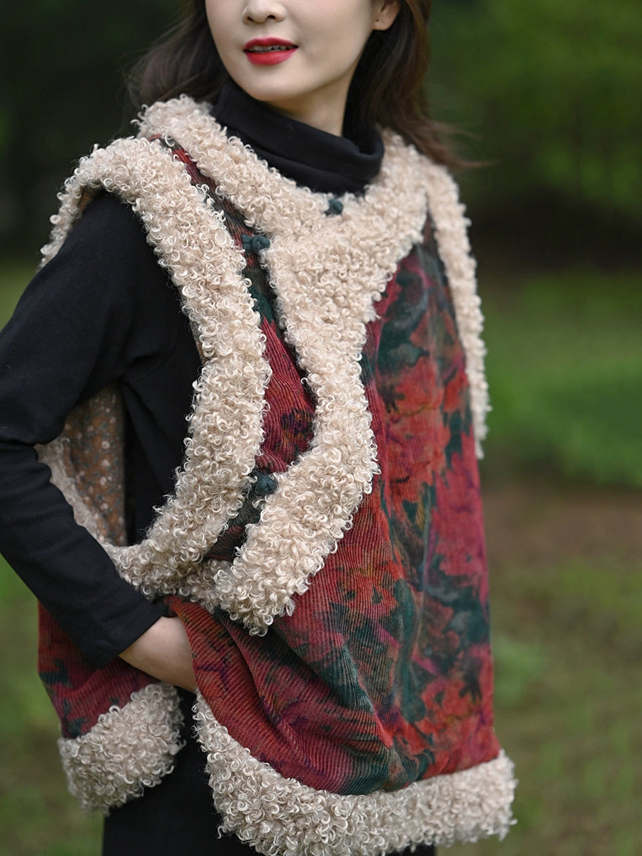 Women Winter Ethnic Flower Corduroy Padded Vest