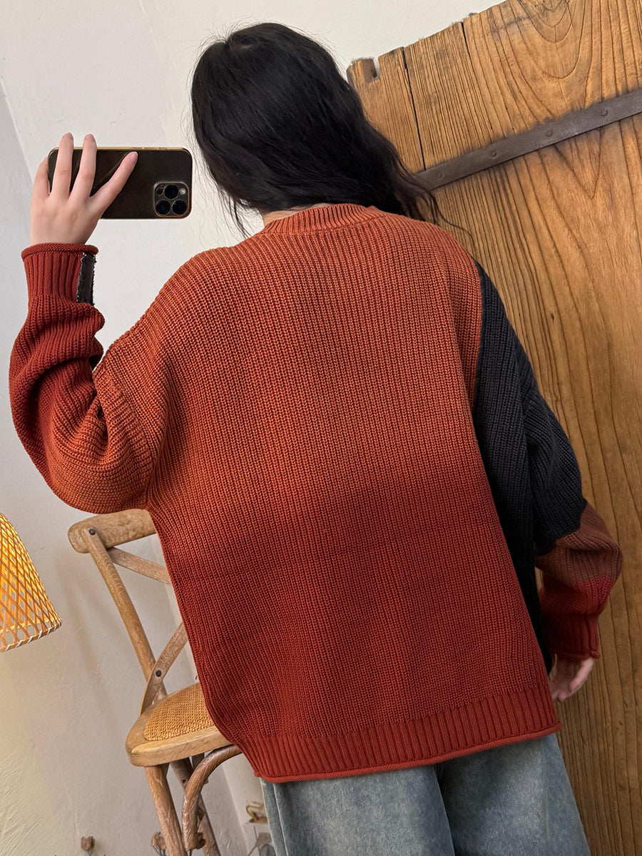Women Autumn Retro Colorblock Knitted Patchwork O-Neck Sweater