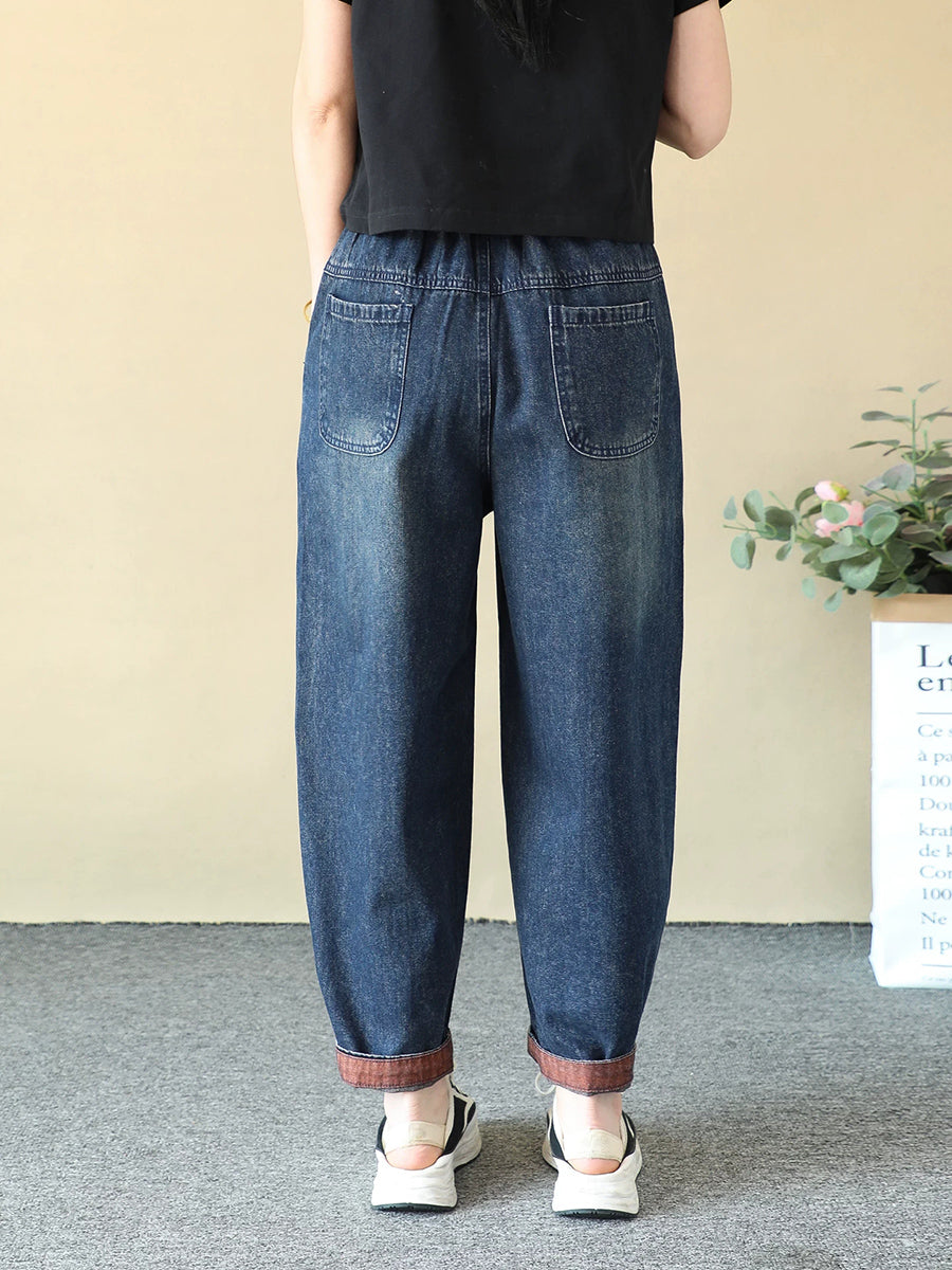 Women Spring Vintage Denim Embroidery Harem Jeans