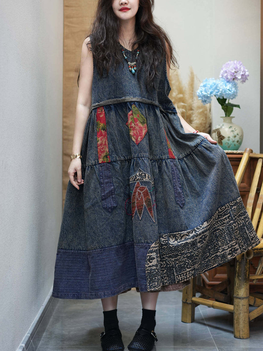 Women Summer Vintage Spliced Denim Vest Dress