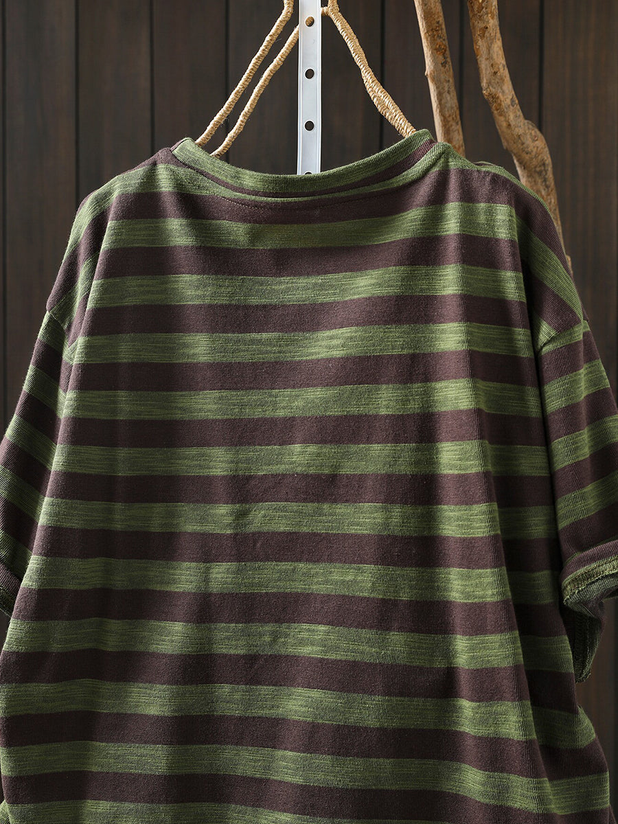 Women Summer Casual Stripe Letters Cotton T-Shirt