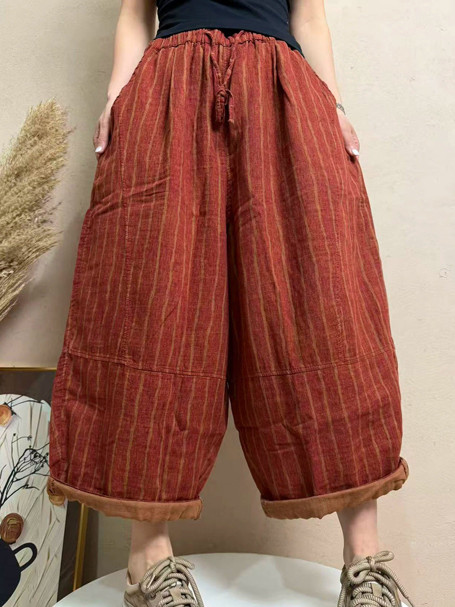 Plus Size Women Summer Casual Stripe 100%Cotton Wide-leg Pants