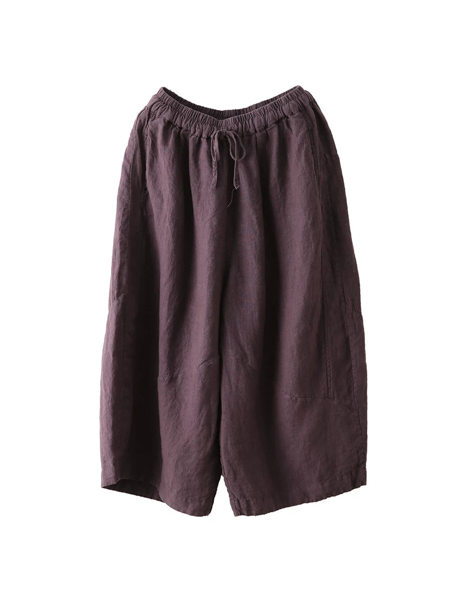 Women Summer Retro Pure Color 100%Linen Wide-leg Pants