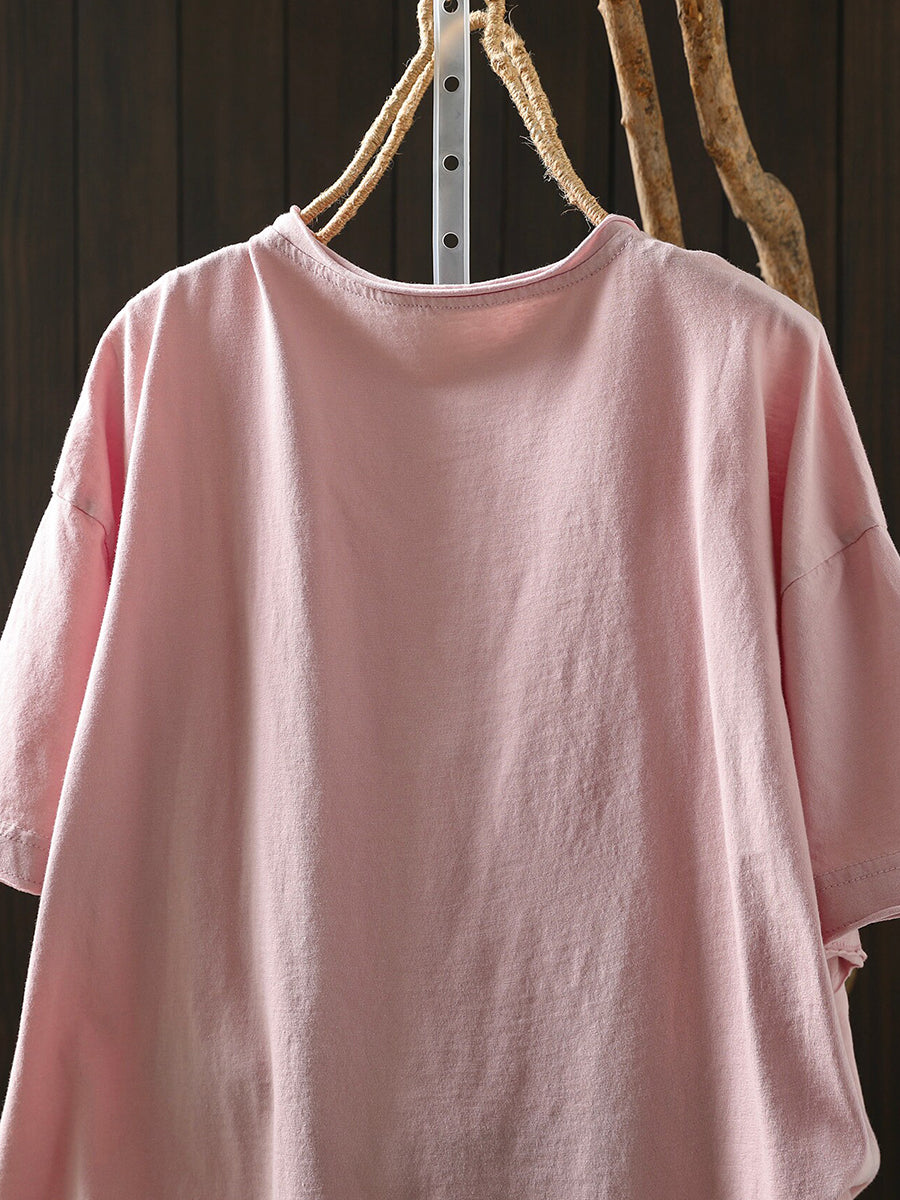 Women Summer Casual Pure Color O-Neck Cotton T-Shirt