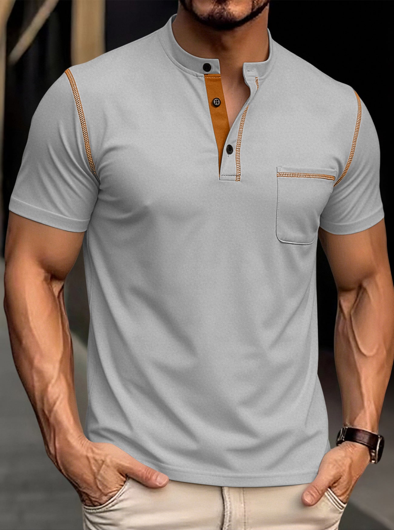 Solid Color Short Sleeve Elastane T-shirt For Men With Standing Collar In Skinny Fit