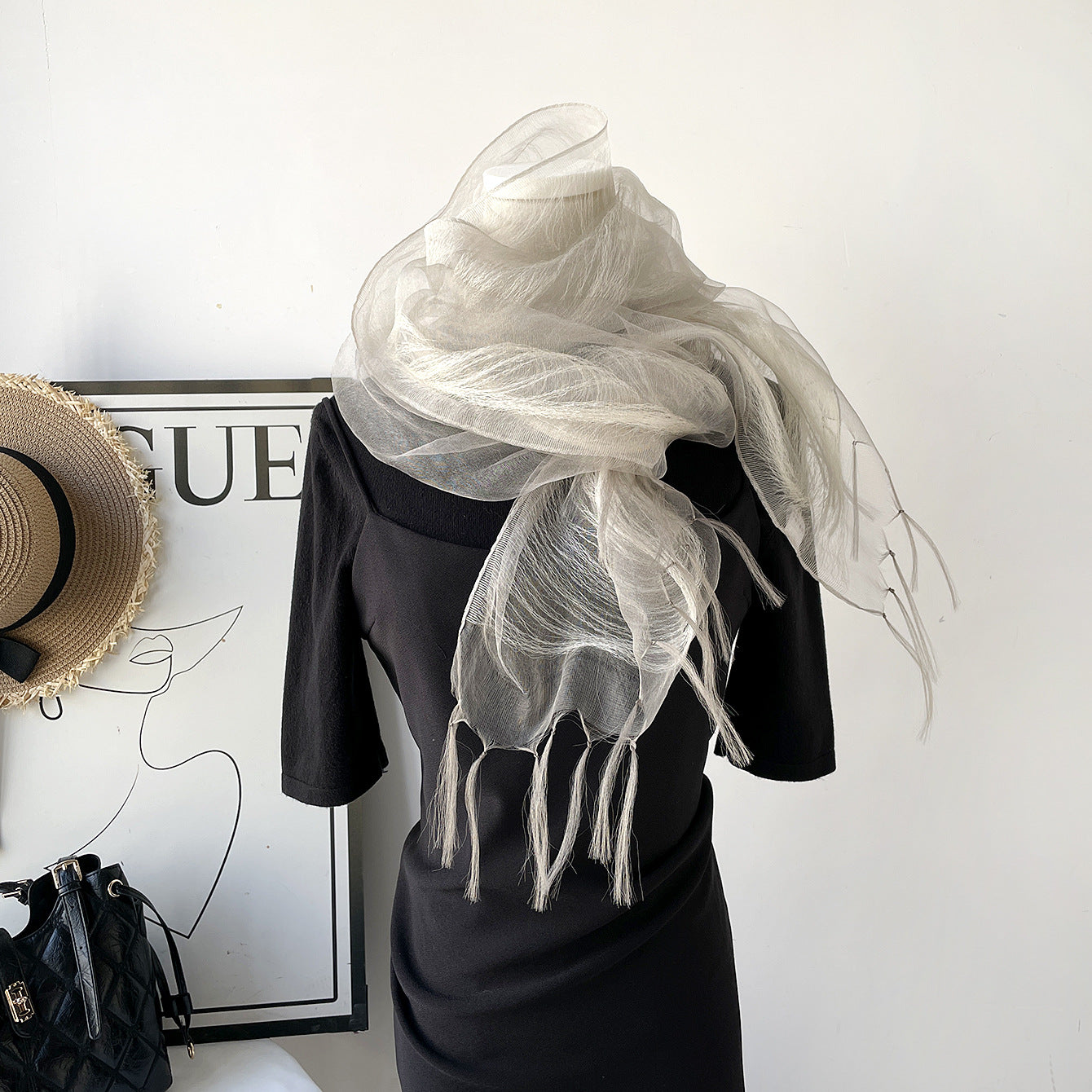 Original Design Solid Color Scarf In White Silk, Perfect For Spring & Summer