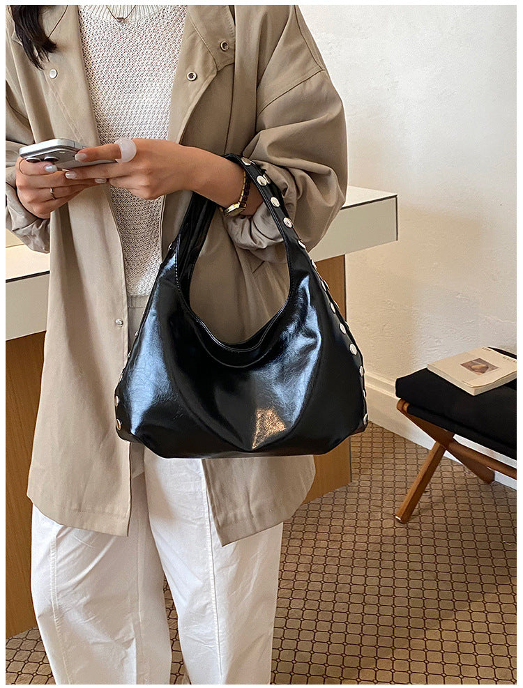 Solid Color Square PU Leather Shoulder Bag For Women With Rivet Detail, Perfect For Summer