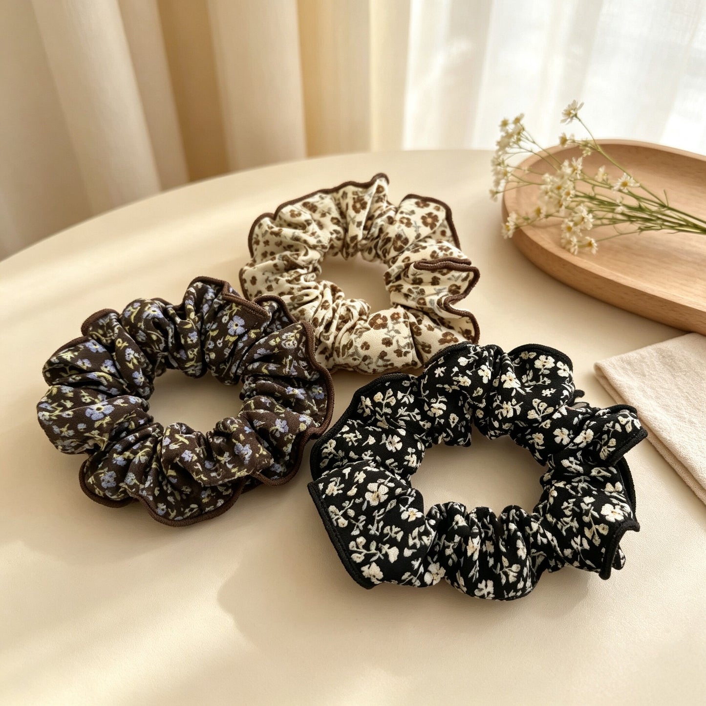 Ditsy Floral Scrunchie For Women In Dyed Black Cloth Hair Accessory
