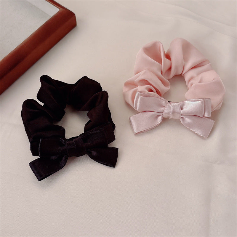 French Style Bow Tie Satin Scrunchie Hair Accessory For Women In Natural Pink