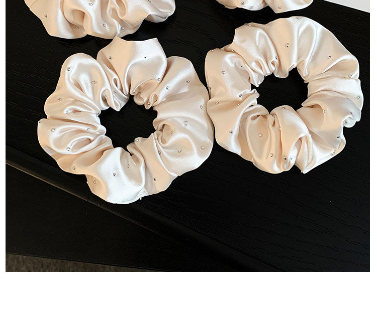 Solid Color Satin Scrunchie Hair Accessory In Champagne With Artificial Rhinestones, Perfect For Autumn Commute