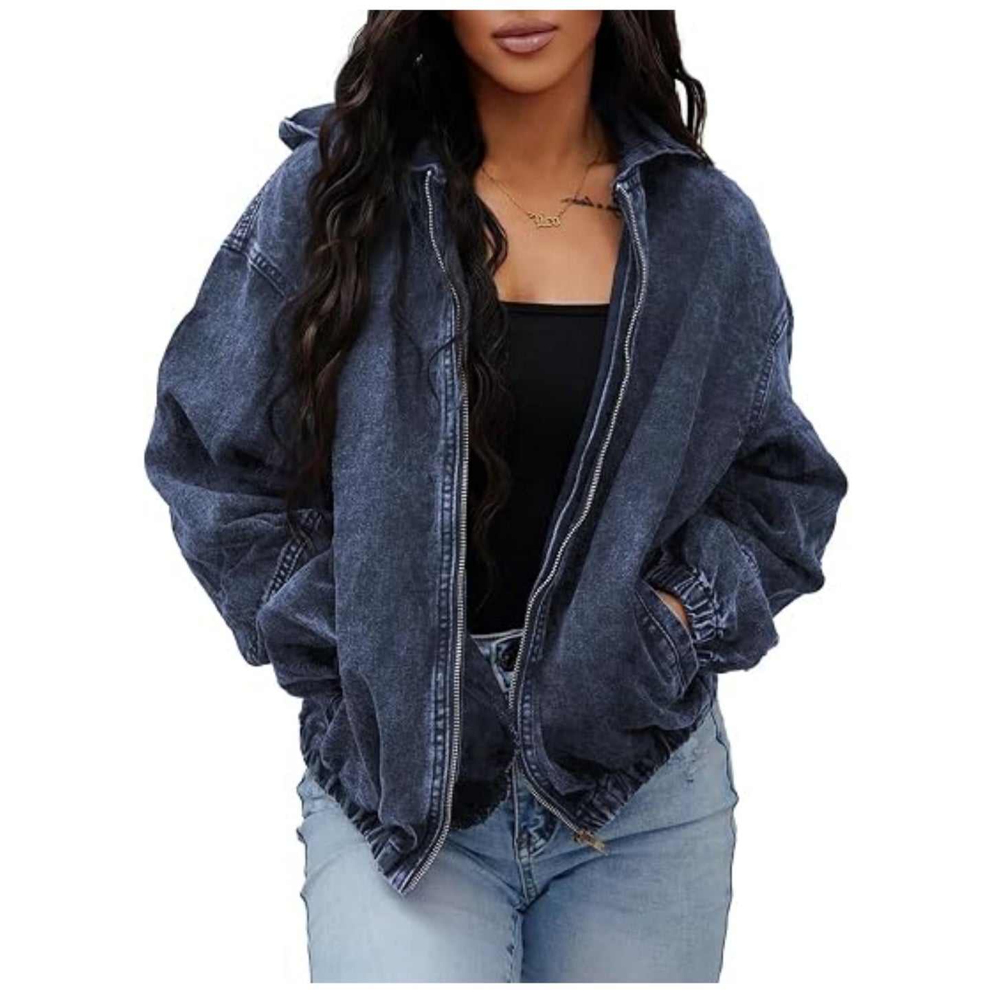 Vintage Style Solid Color Denim Jacket Coat With Zipper Placket, Made Of Over 90% Cotton Fabric, Washed Finish
