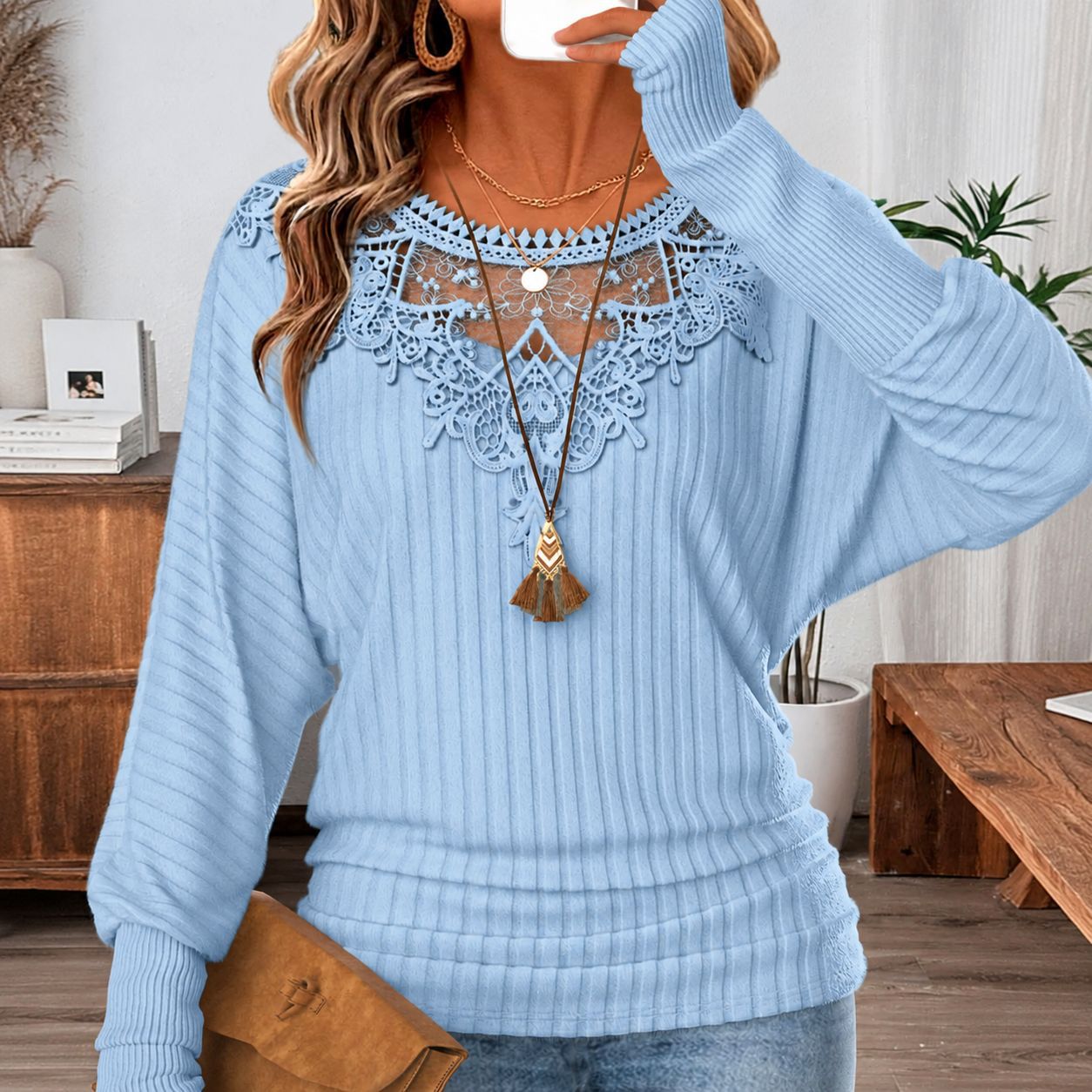 Solid Color Long Sleeve Rib Fabric Pullover Hoodie For Women With Jacquard Craft And Round Neck