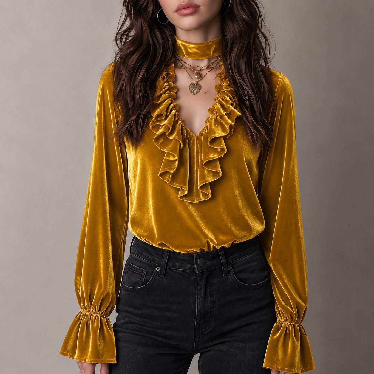 Elegant Solid Color Velvet Long Sleeve Women's Sweatshirt With Ruffles And Tie Closure