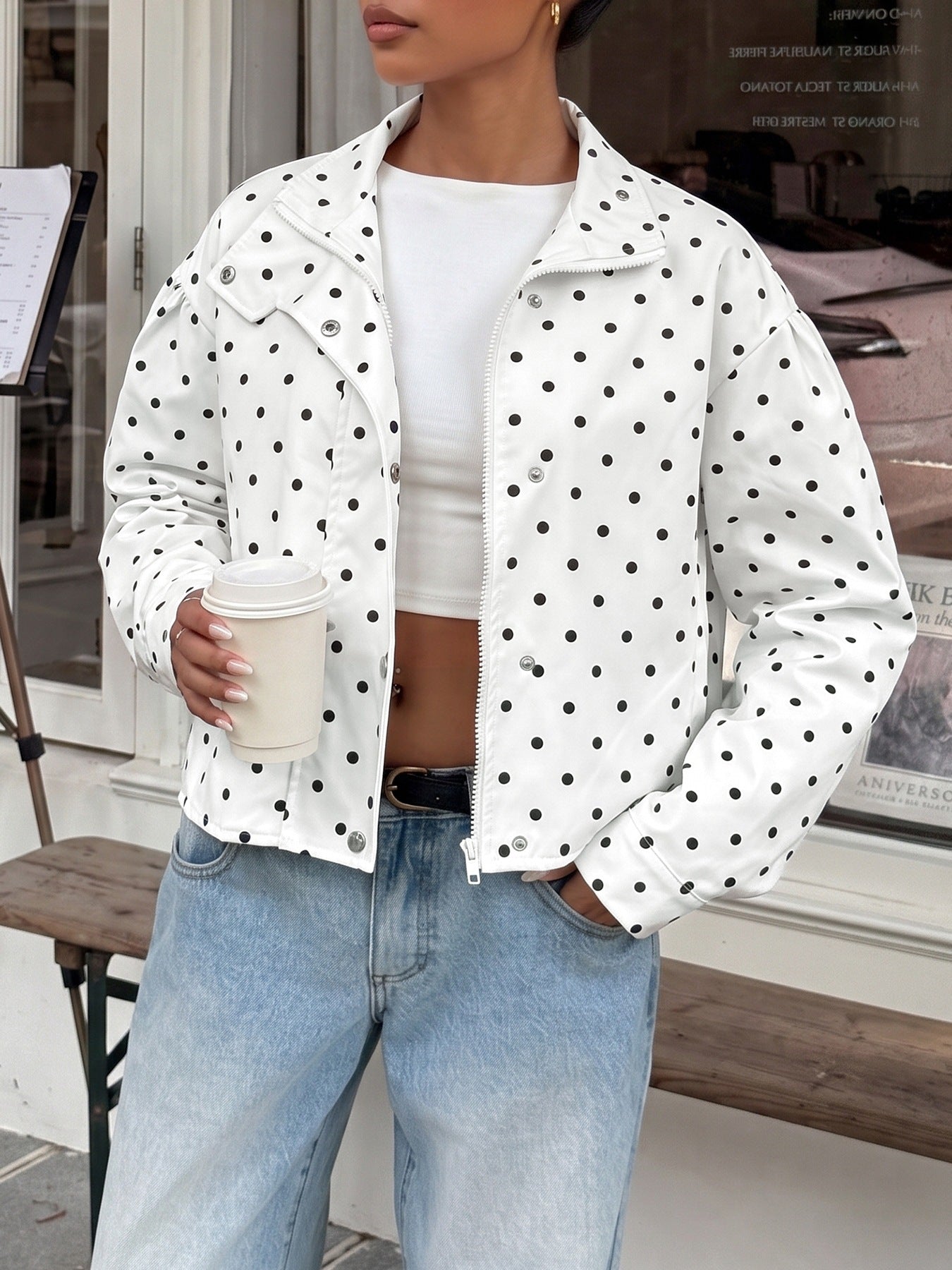 Casual Polka Dots Cardigan Jacket With Zipper Placket In Polyester Fabric Featuring Lapel Collar