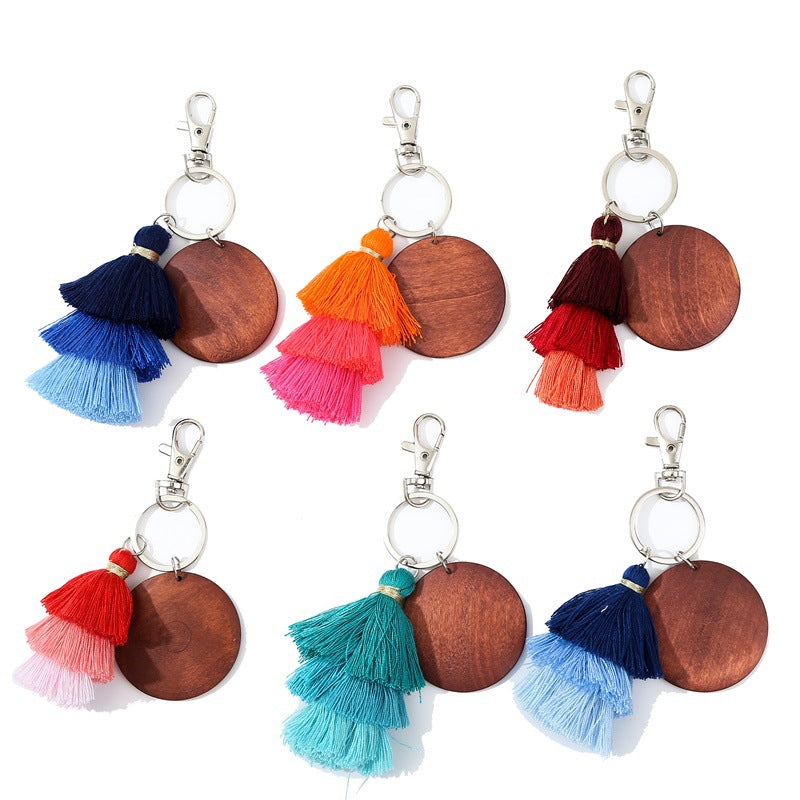 Christmas Tassel Key Chain In Wood Material, Festive Holiday Accessory