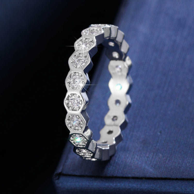 Honeycomb Wave Ring For Women In Simple Style, Crafted From Copper With Zircon Inlay, Available In Gold