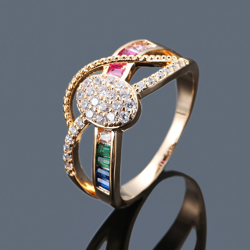 Oval Zircon Copper Ring For Women With White Electroplated Gold Plating