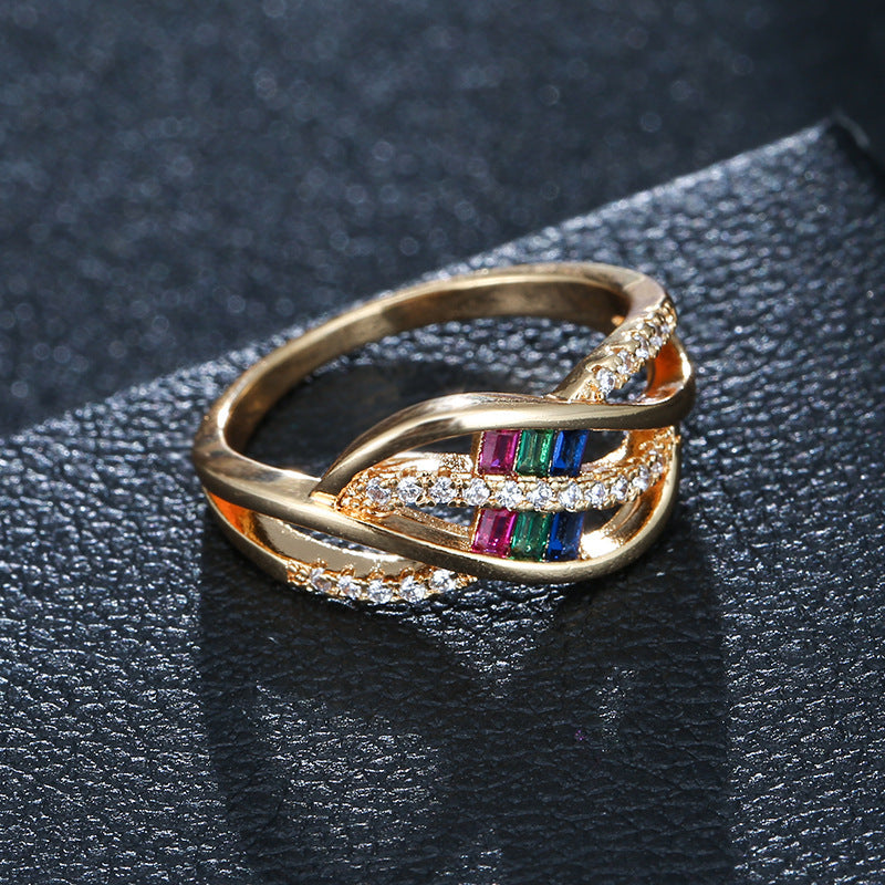 Sweet Geometric Open Rings For Women In Copper With Electroplated Gold Plating Featuring Moissanite Inlay