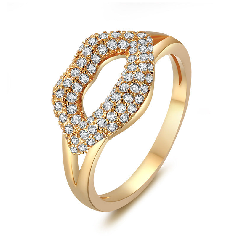 Women’s Lips Ring In Electroplated Copper With White Zircon Inlay, Stylish And Elegant Jewelry