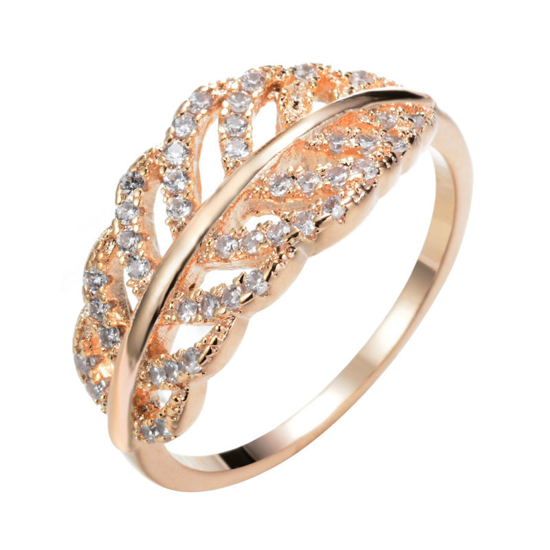 Leaf Open Ring For Women In Electroplated Copper With Rhinestone Inlay