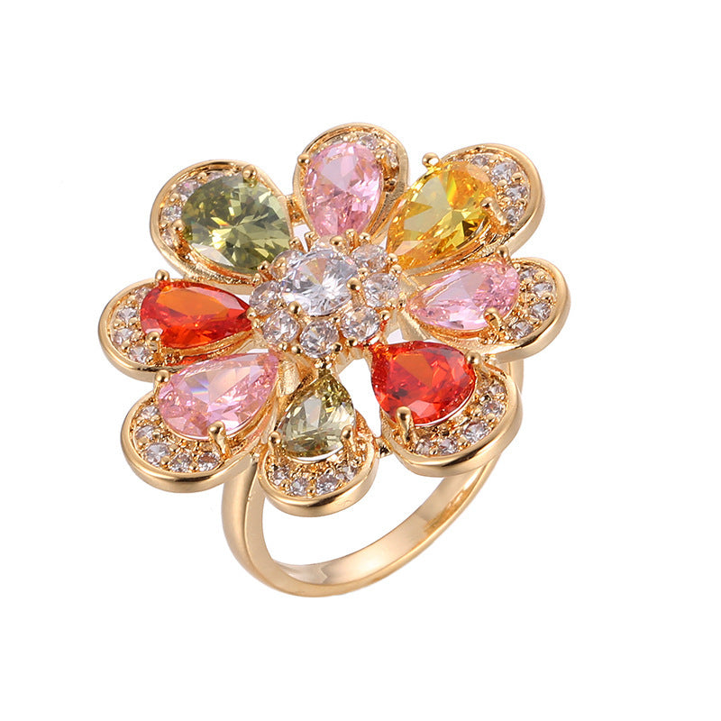 Women’s Copper Flower Ring With Zircon Inlay, Available In Colour, Perfect For Summer