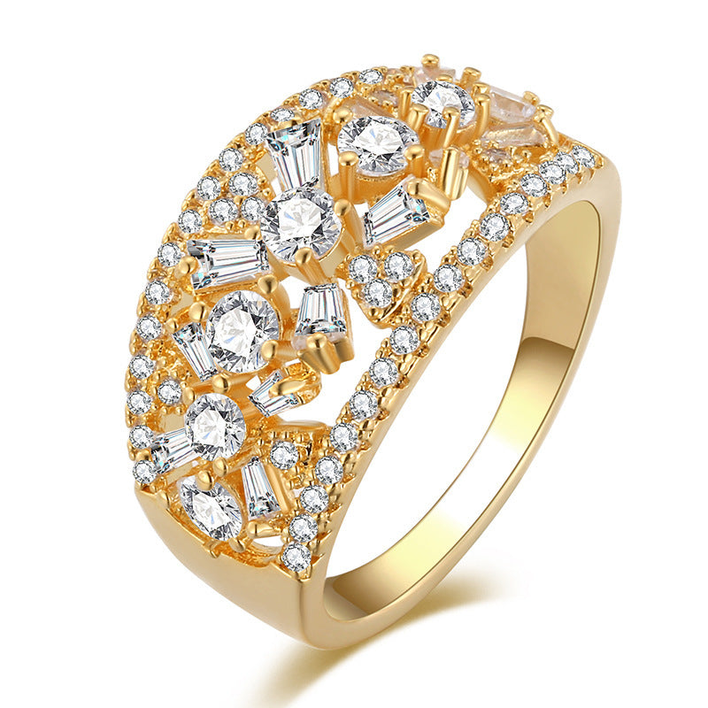 Square Copper Ring For Women With Real Gold Plated Electroplated Finish Featuring Zircon Inlay