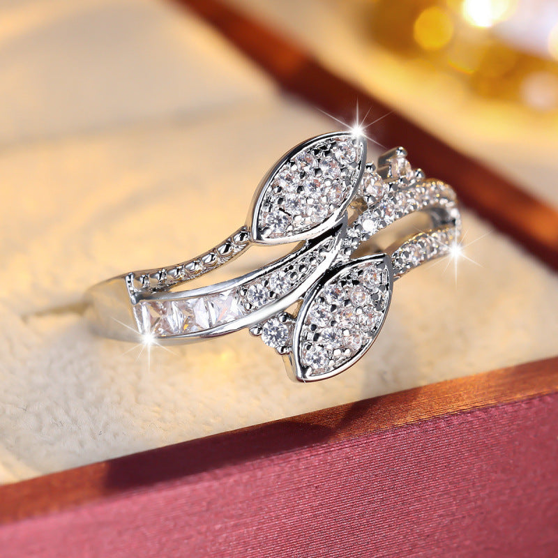 Elegant Copper Leaf Ring For Women With Zircon Inlay In Gold