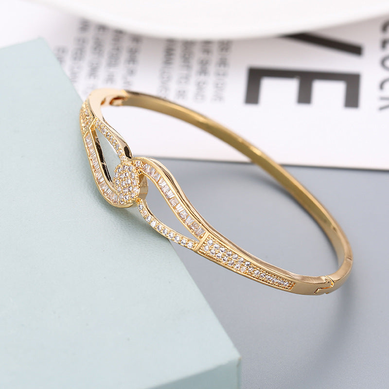 Simple Style Gem Bangle In Copper With Electroplated Gold Plating And Zircon Inlay, 1 Set