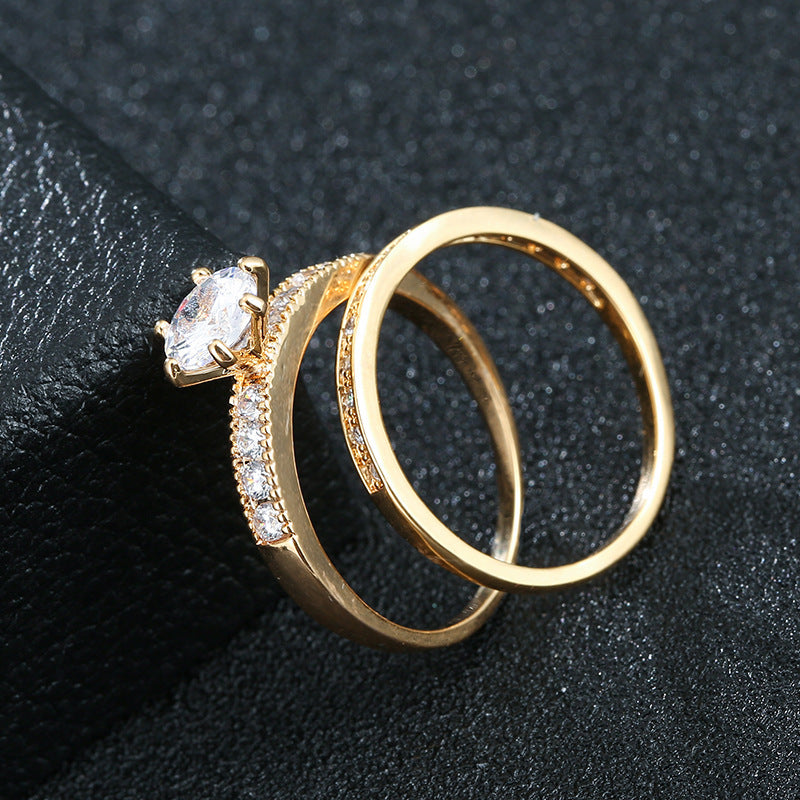 Geometric Couple Rings In Simple Style, Copper With Golden Electroplated Finish And Zircon Inlay