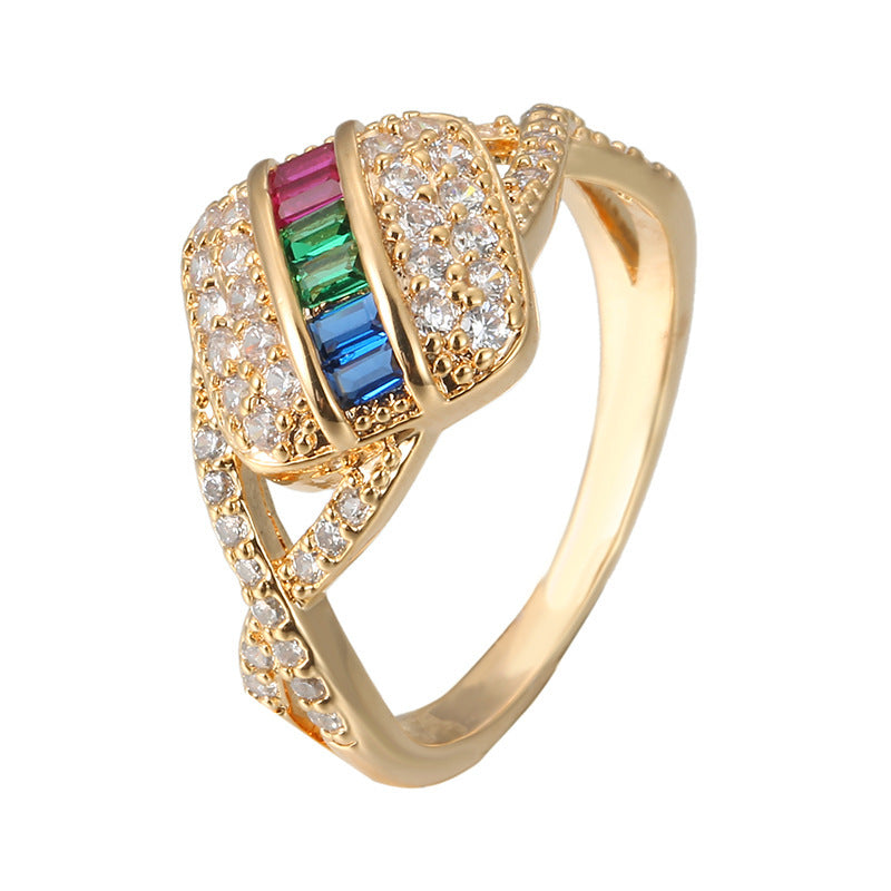 Simple Style Geometric Rings For Women In Copper With Platinum Electroplated Finish And Zircon Inlay