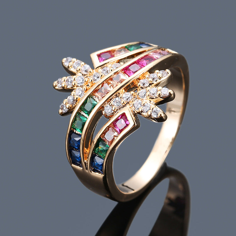 Sweet Flowers Copper Ring For Women With White Zircon Inlay