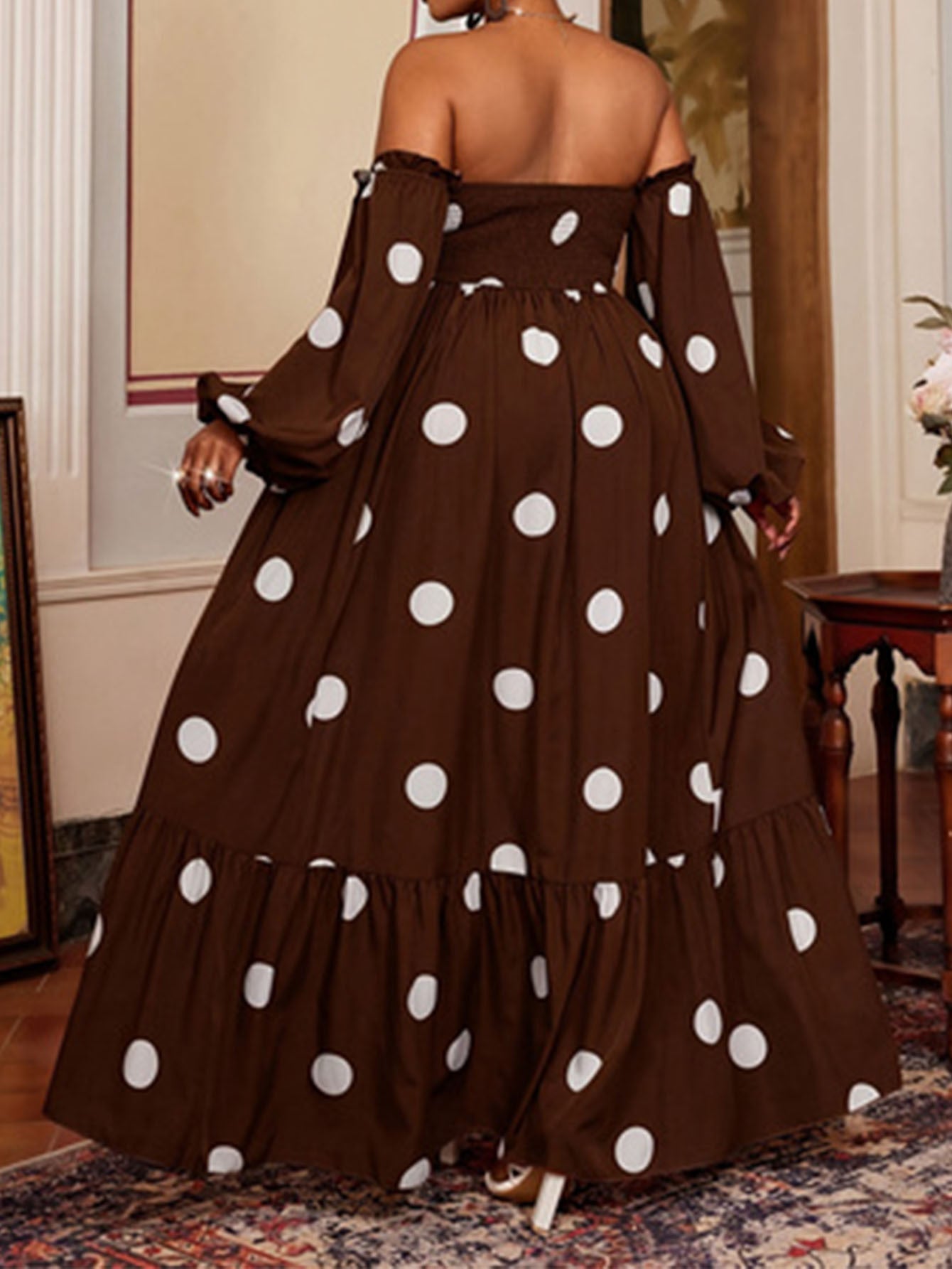 Women's Polka Dot Dress With 3/4 Length Sleeve And Tube Bra Neckline In Polyester For Casual Vacation