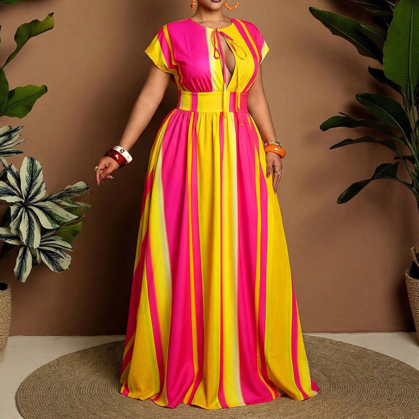 Women's Casual Stripe Round Neck Regular Dress In Polyester, Perfect For Vacation And Everyday Wear