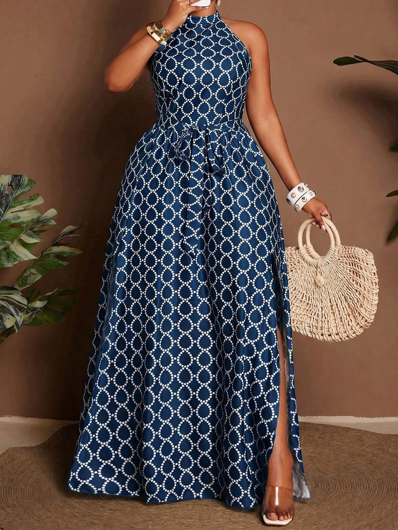 Geometric Sleeveless Halter Neck Slit Dress For Women In Polyester, Perfect For Vacation And Date Occasions