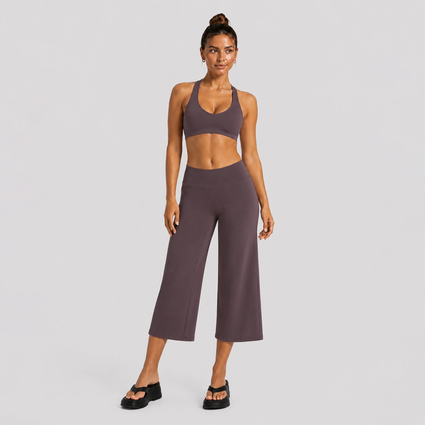 Yoga Fitness Wide Leg Pants For Women In Nylon Fabric With High Elasticity, Calf-Length Design Perfect For Yoga