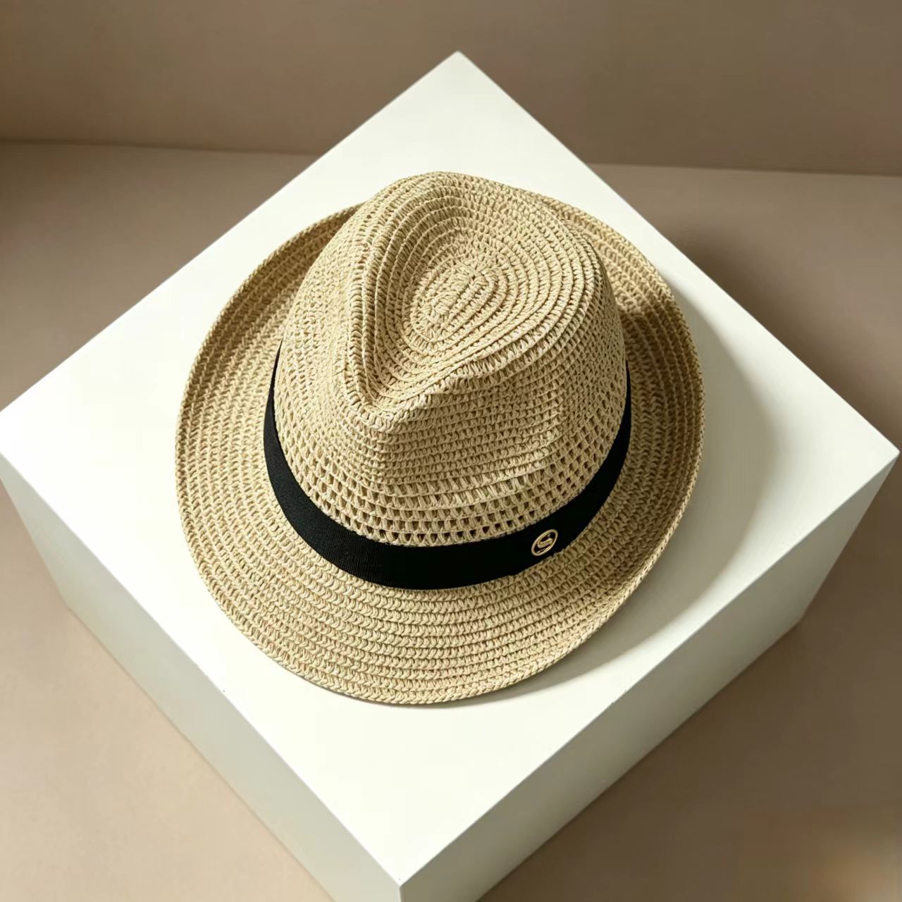 French Style Stripe Fedora Hat With Curved Brim, Breathable Straw Material Featuring Hollow Out Design For Adults