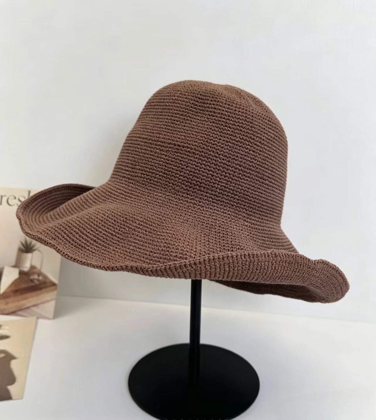 Solid Color Wide Brim Bucket Hat For Women In Straw Material With Braid Craft, Featuring UV Protection For Commute