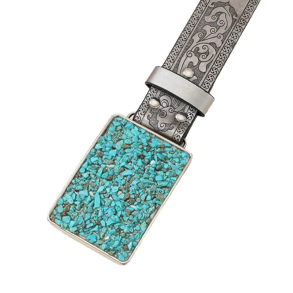 Men's Retro Floral PU Leather Belt With Embossing And Smooth Zinc Alloy Buckle