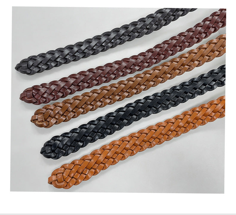 Retro Unisex Genuine Leather Braided Belt With Alloy Pin Buckle Featuring Solid Color Braid Finish