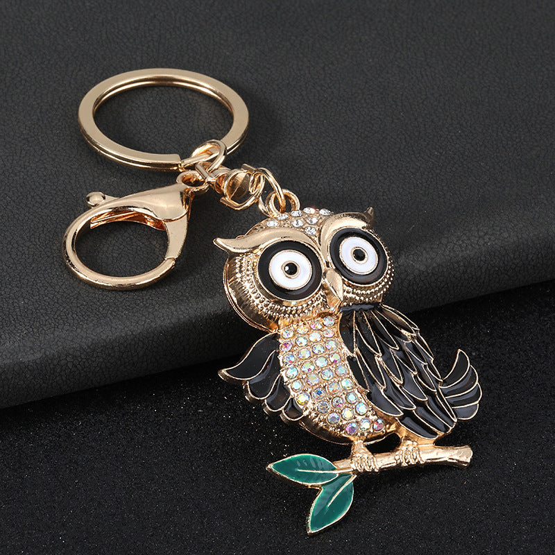 New Year Owl Key Chain In Coffer Color With Rhinestone Inlay, Made Of Durable Zinc Alloy