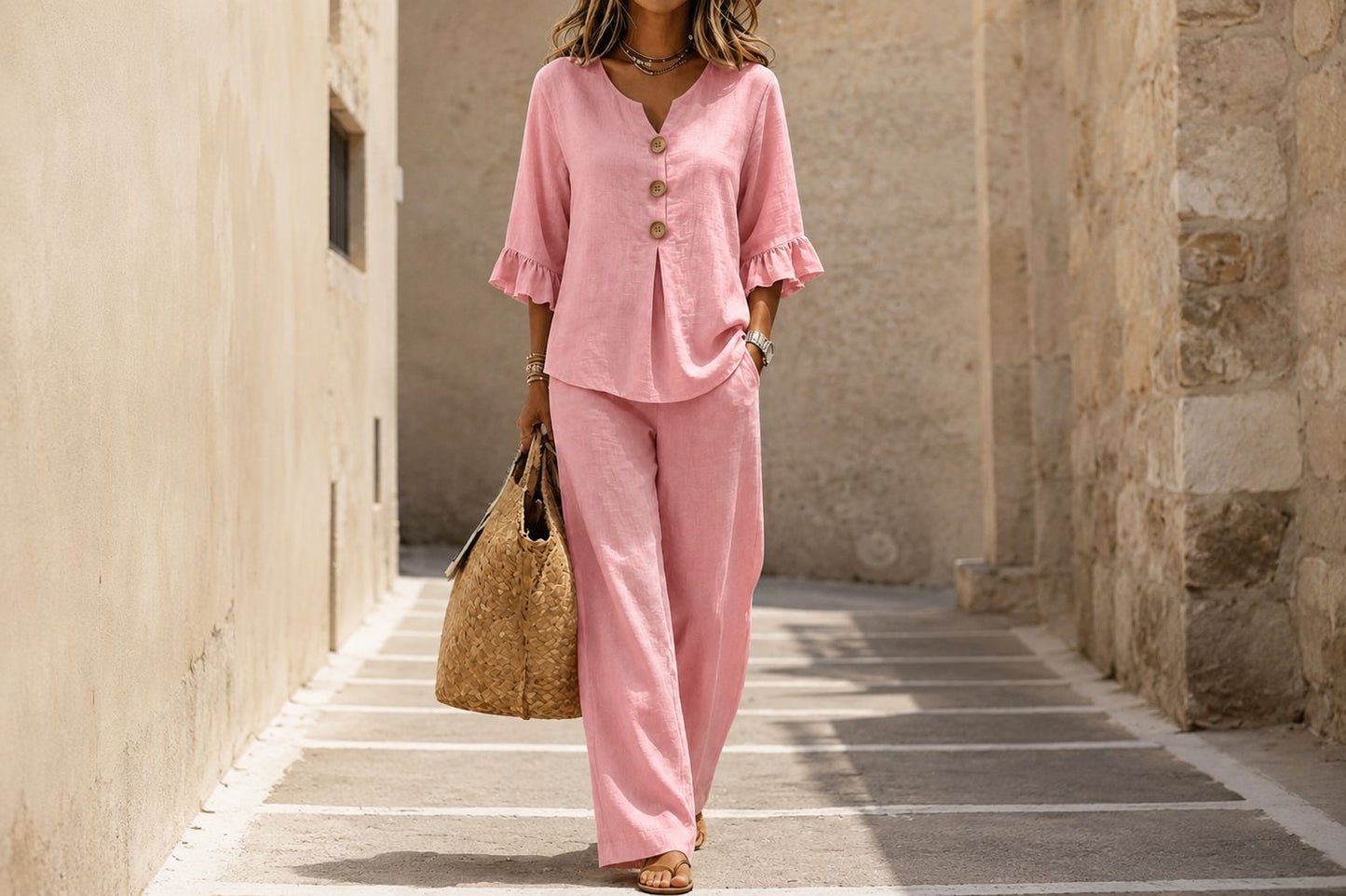 Solid Color T-shirt And Pant Co-ord Set In Polyester Fabric Featuring Casual Style With V Neck And Single Breasted Design, 2 Pieces Set