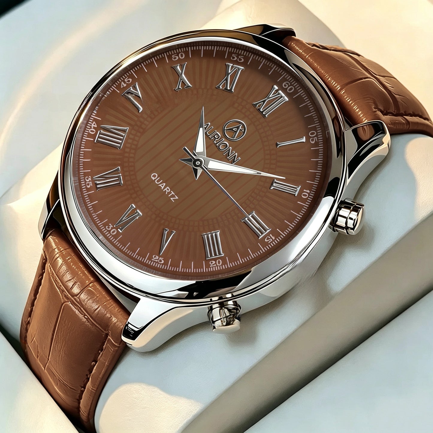 Men's Quartz Watch With Genuine Leather Strap And Pin Buckle, Round Dial Featuring Ordinary Glass Mirror And Pointer Display