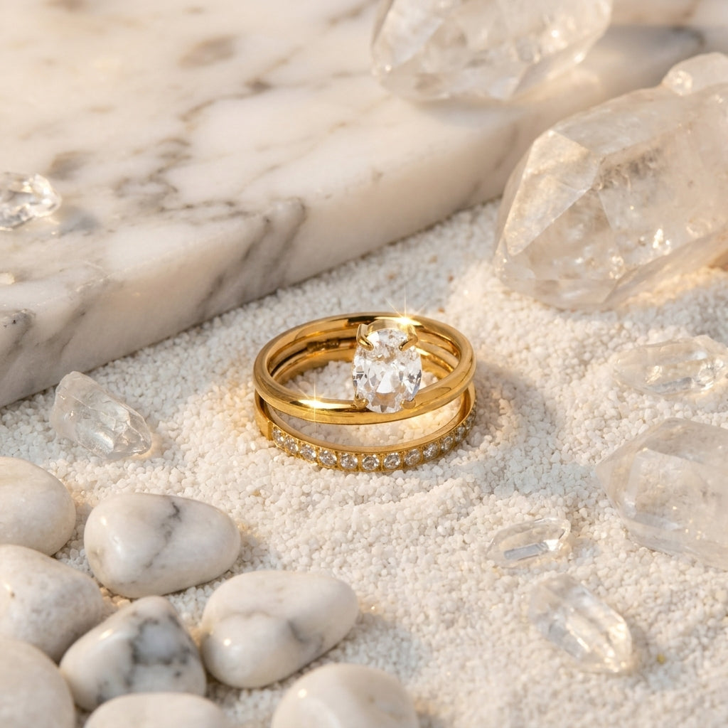 Geometric Electroplated Rings For Women In 304 Stainless Steel With 18K Real Gold PVD Coating And Artificial Pearl Inlay