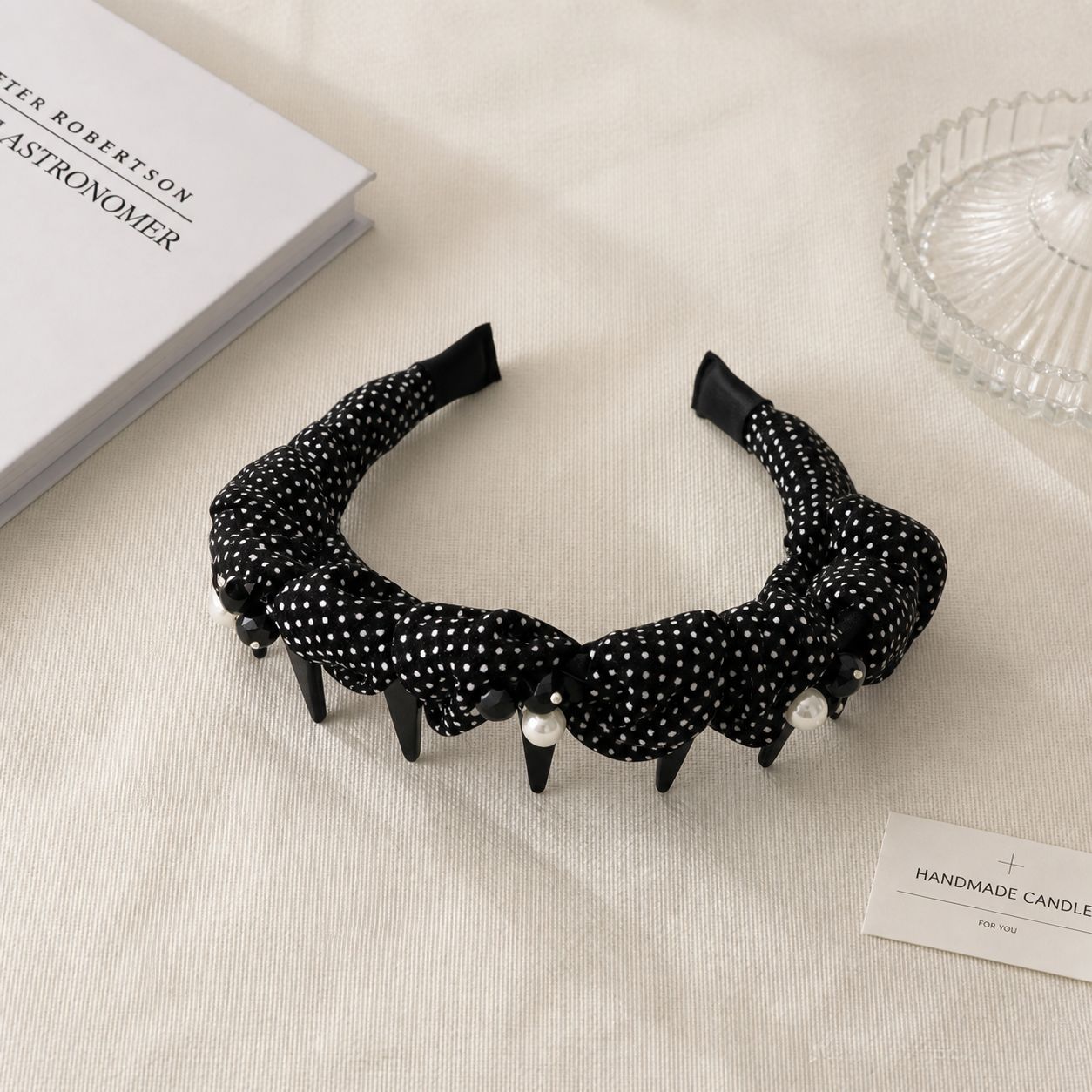 Polka Dots Jewelry Headband For Women In Dyed Black Chiffon With Artificial Pearl Embellishments
