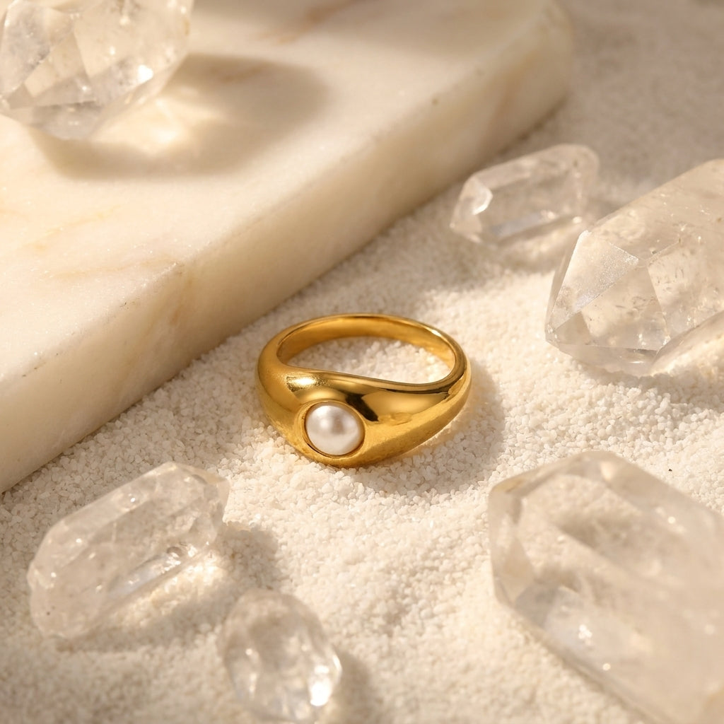 Geometric Electroplated Rings For Women In 304 Stainless Steel With 18K Real Gold PVD Coating And Artificial Pearl Inlay