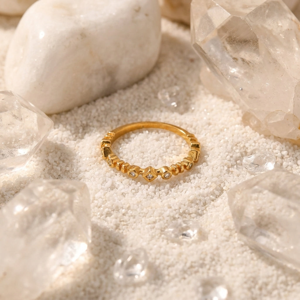 Geometric Electroplated Rings For Women In 304 Stainless Steel With 18K Real Gold PVD Coating And Zircon Inlay
